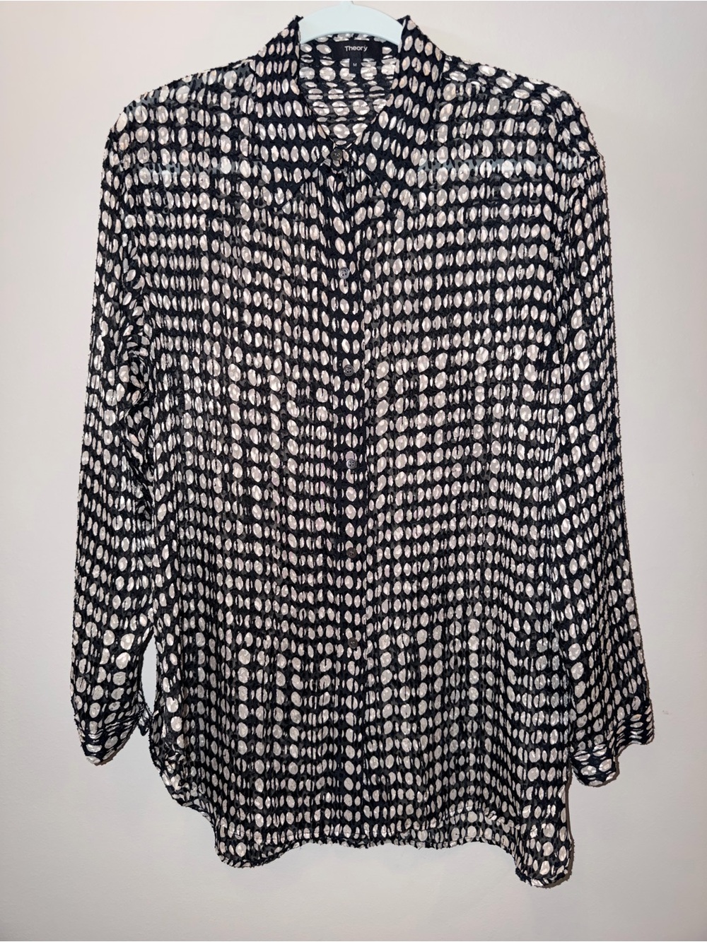 Theory Black & Cream Dot Print Sheer Silk-Blend Button-Down Blouse size Medium